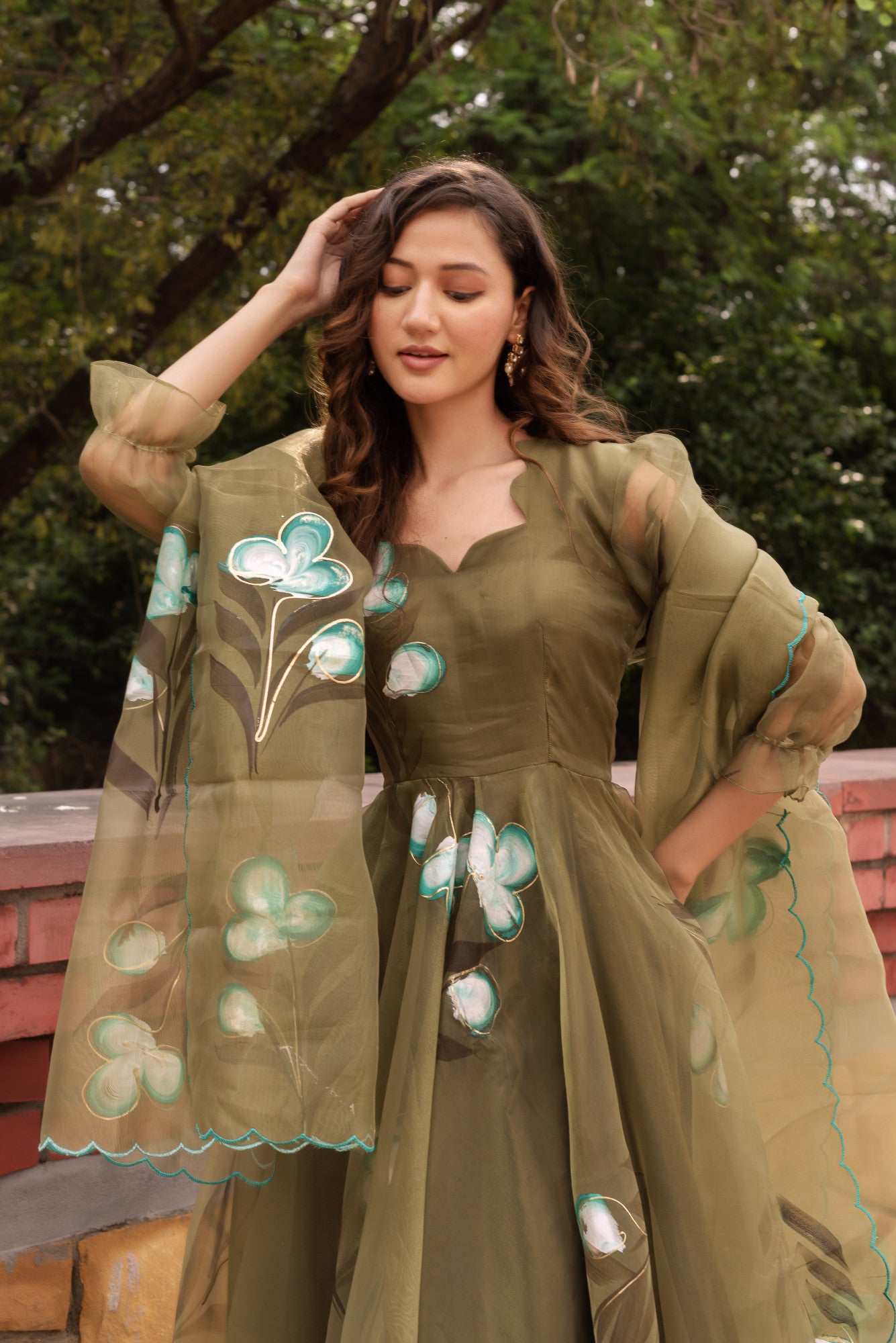 Olive Green Handpainted Anarkali Suit Set