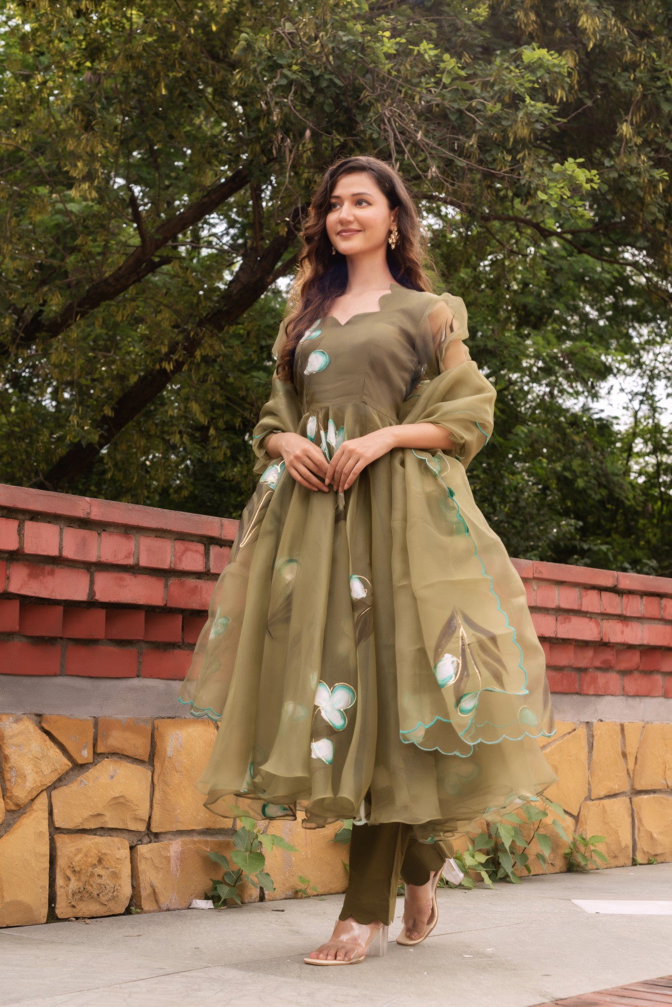 Olive Green Handpainted Anarkali Suit Set