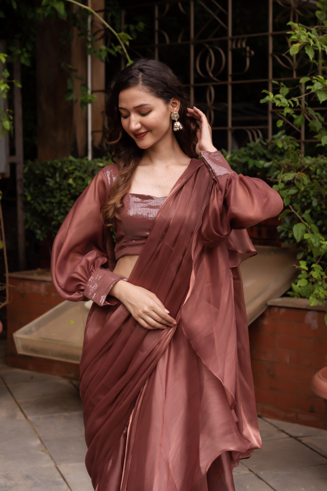 Rosegold Organza Seqin Ready To Drape Saree