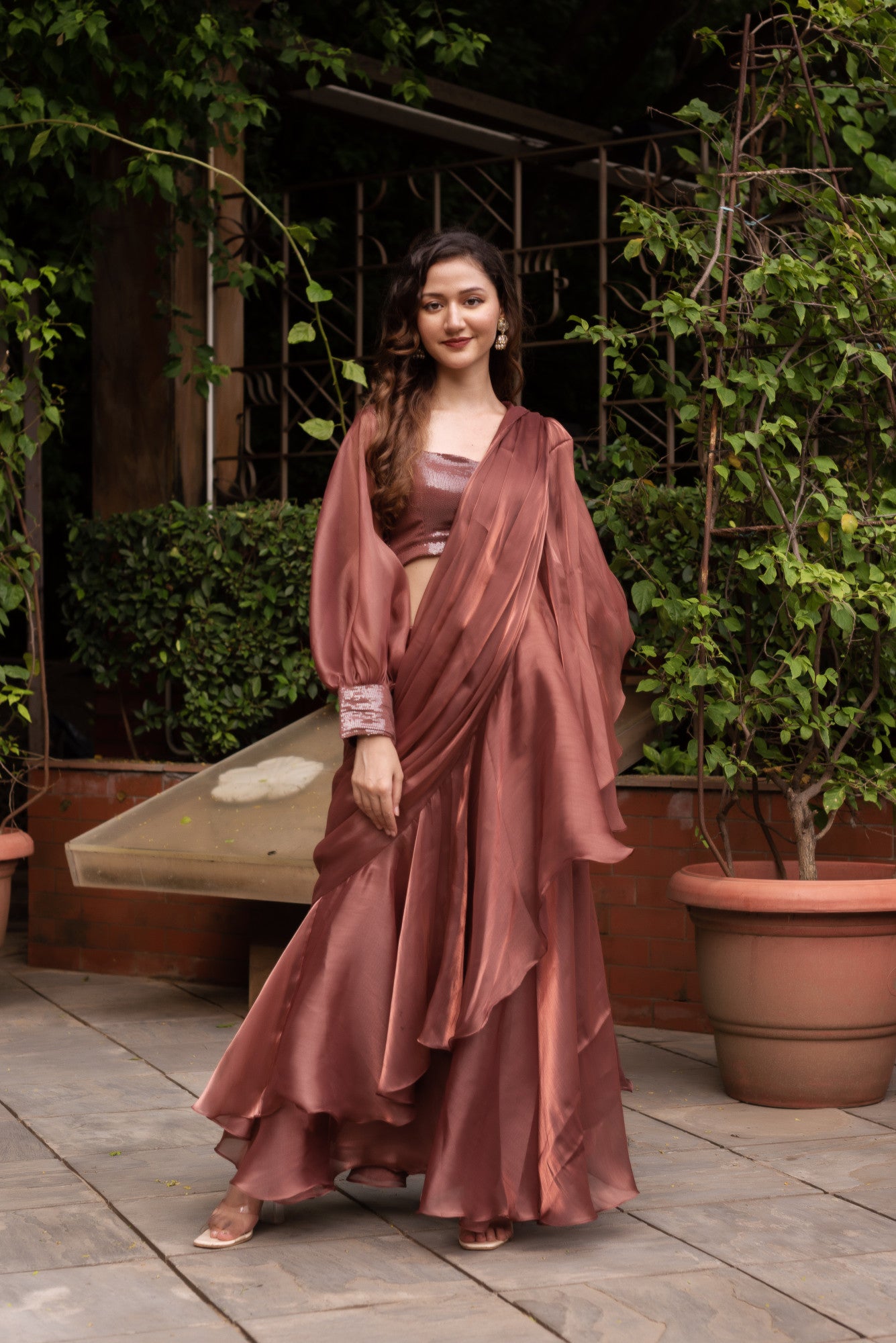 Rosegold Organza Seqin Ready To Drape Saree