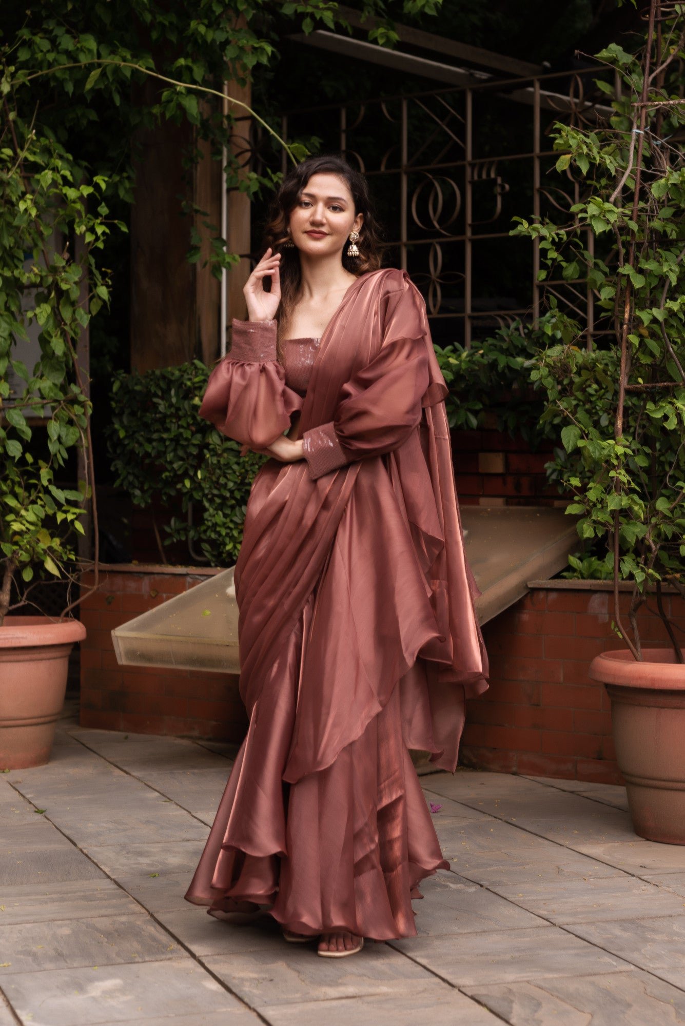 Rosegold Organza Seqin Ready To Drape Saree