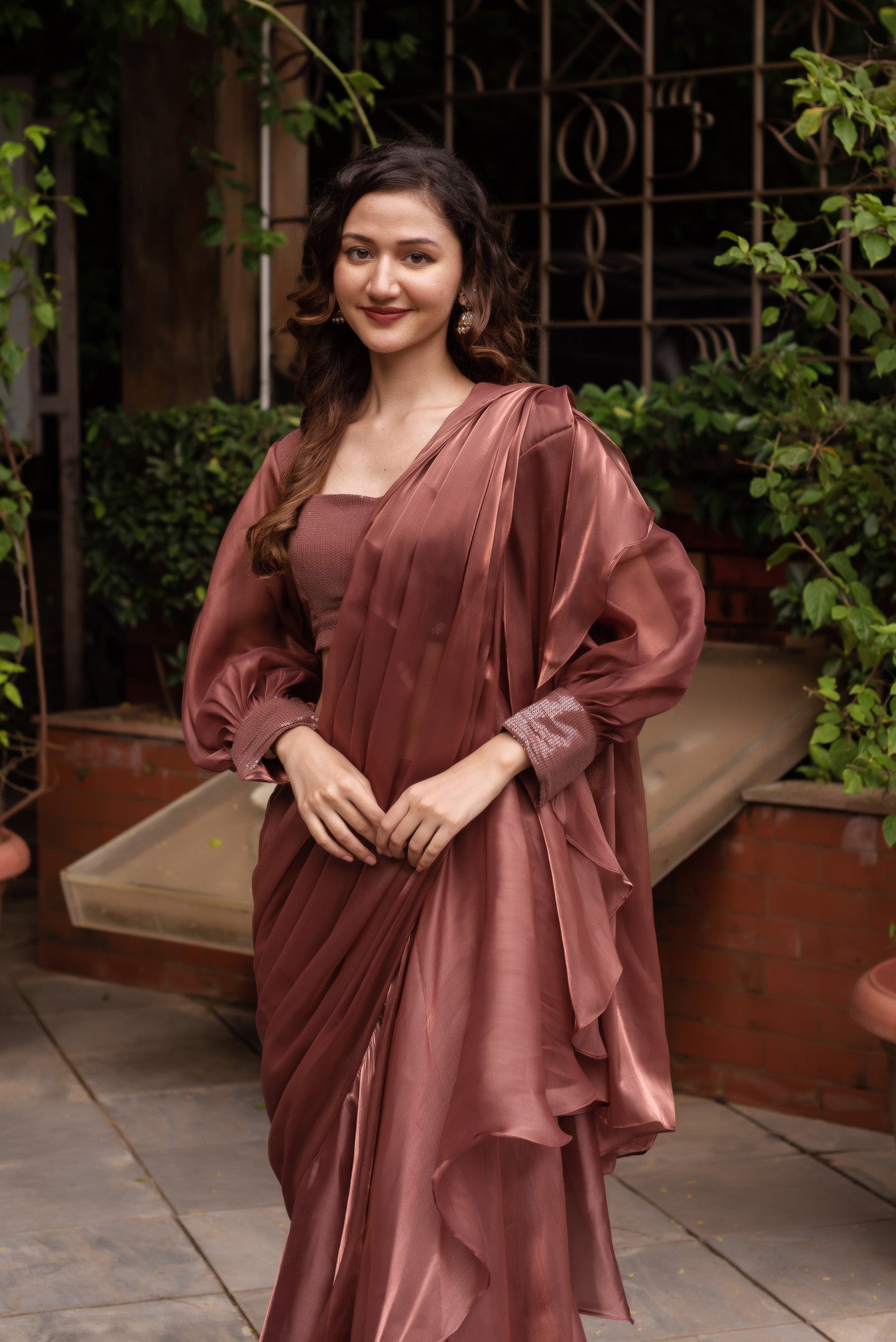 Rosegold Organza Seqin Ready To Drape Saree