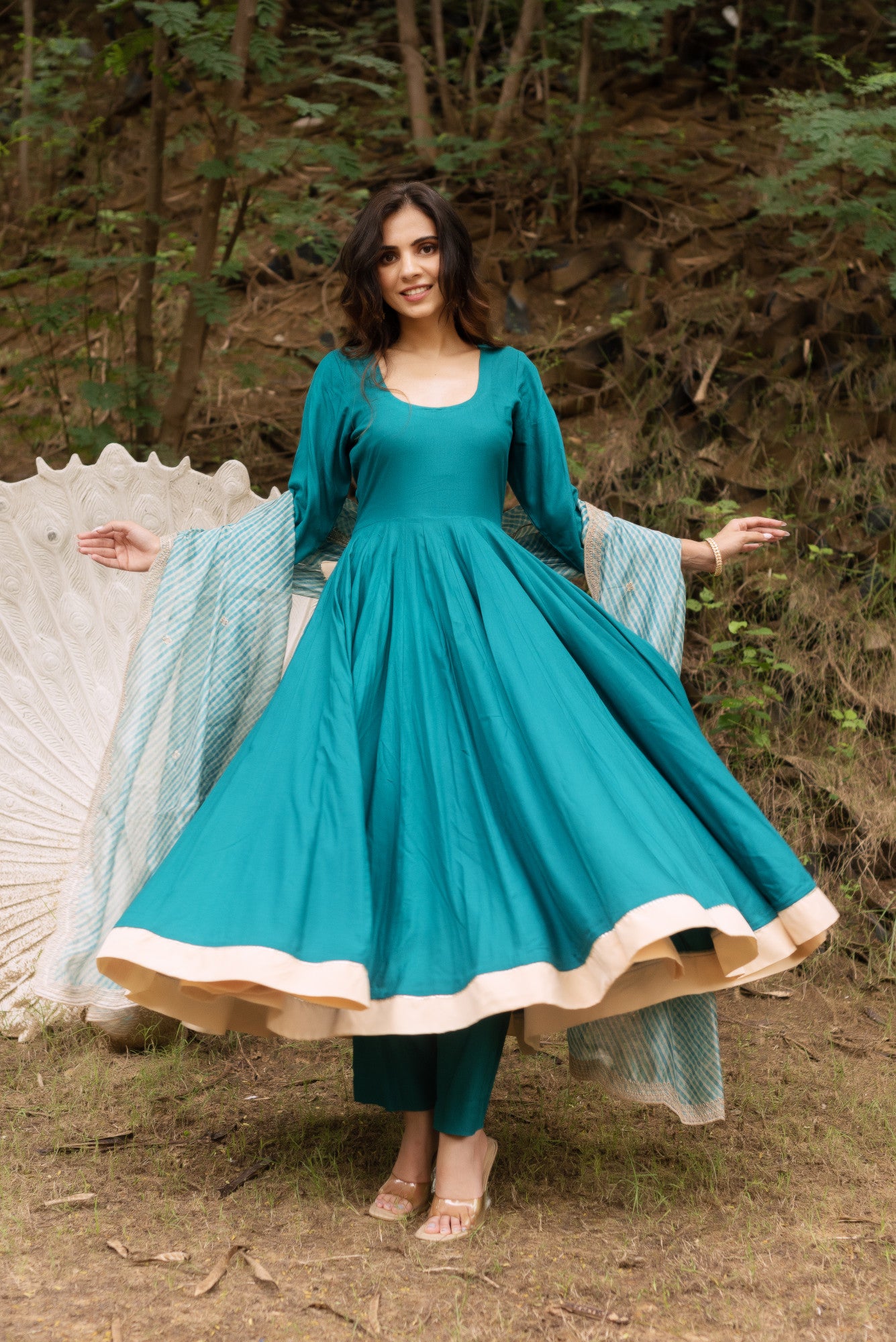Sea Green Rayon Anarkali Suit Set with Lehriya Embroided Dupatta