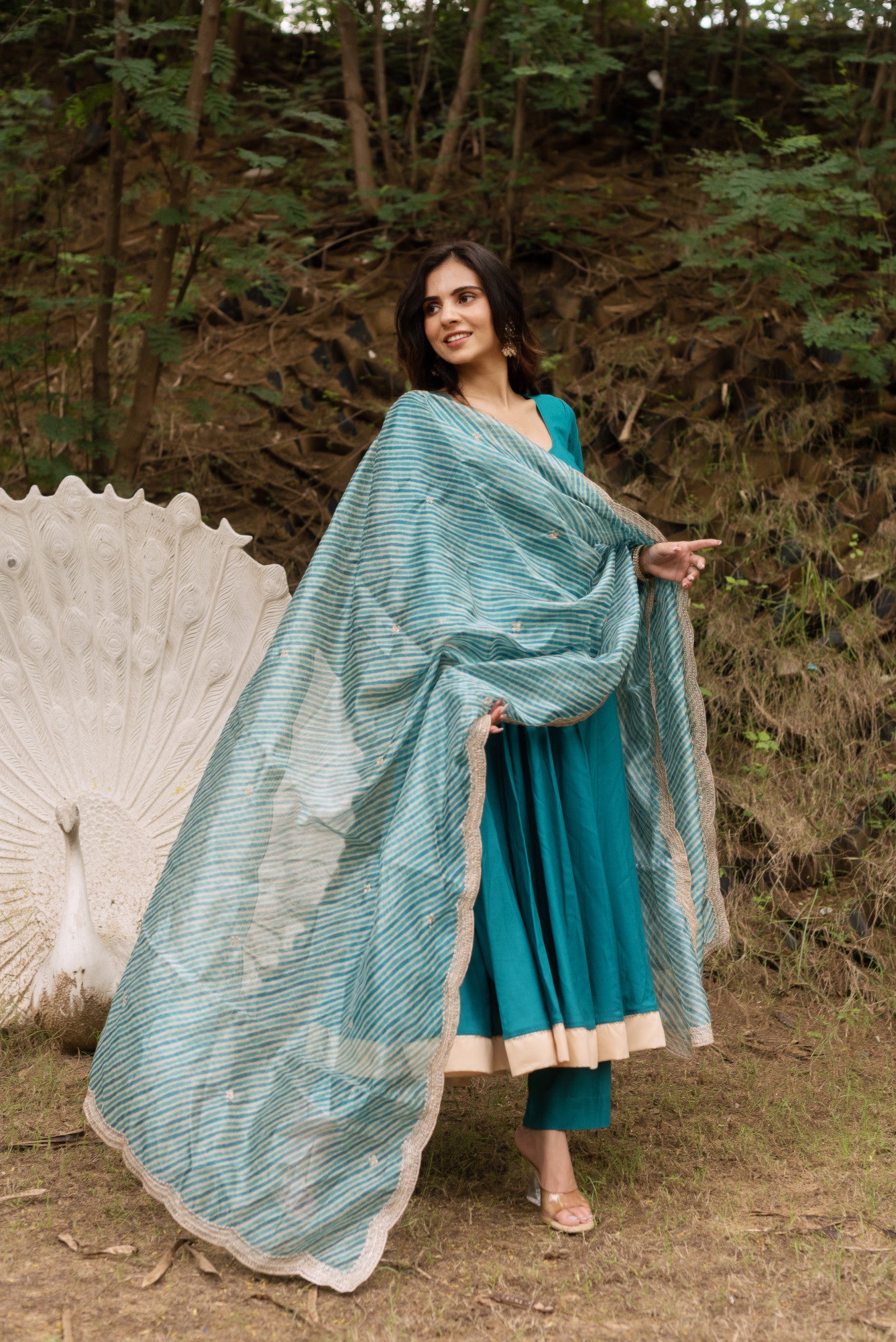 Sea Green Rayon Anarkali Suit Set with Lehriya Embroided Dupatta