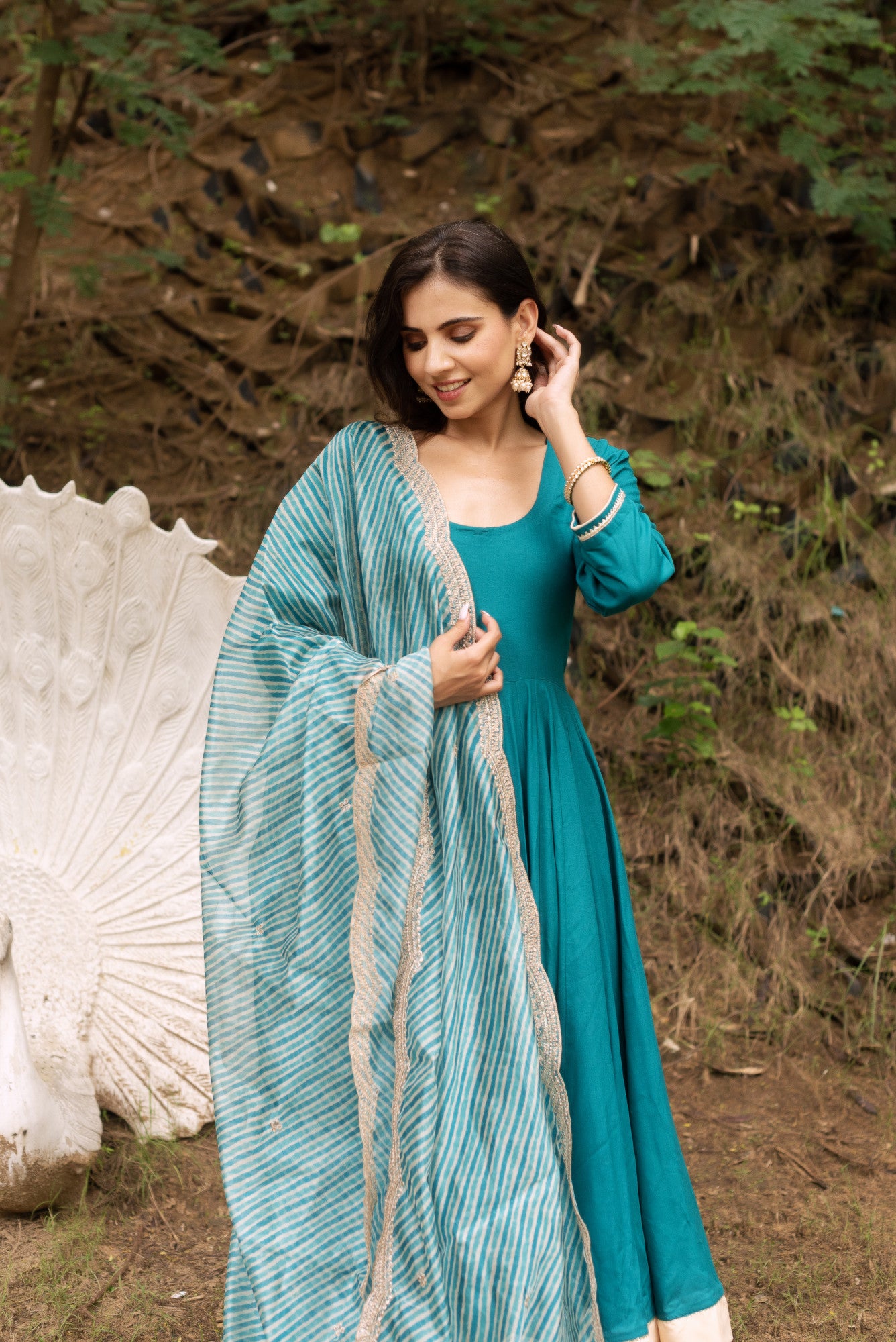 Sea Green Rayon Anarkali Suit Set with Lehriya Embroided Dupatta