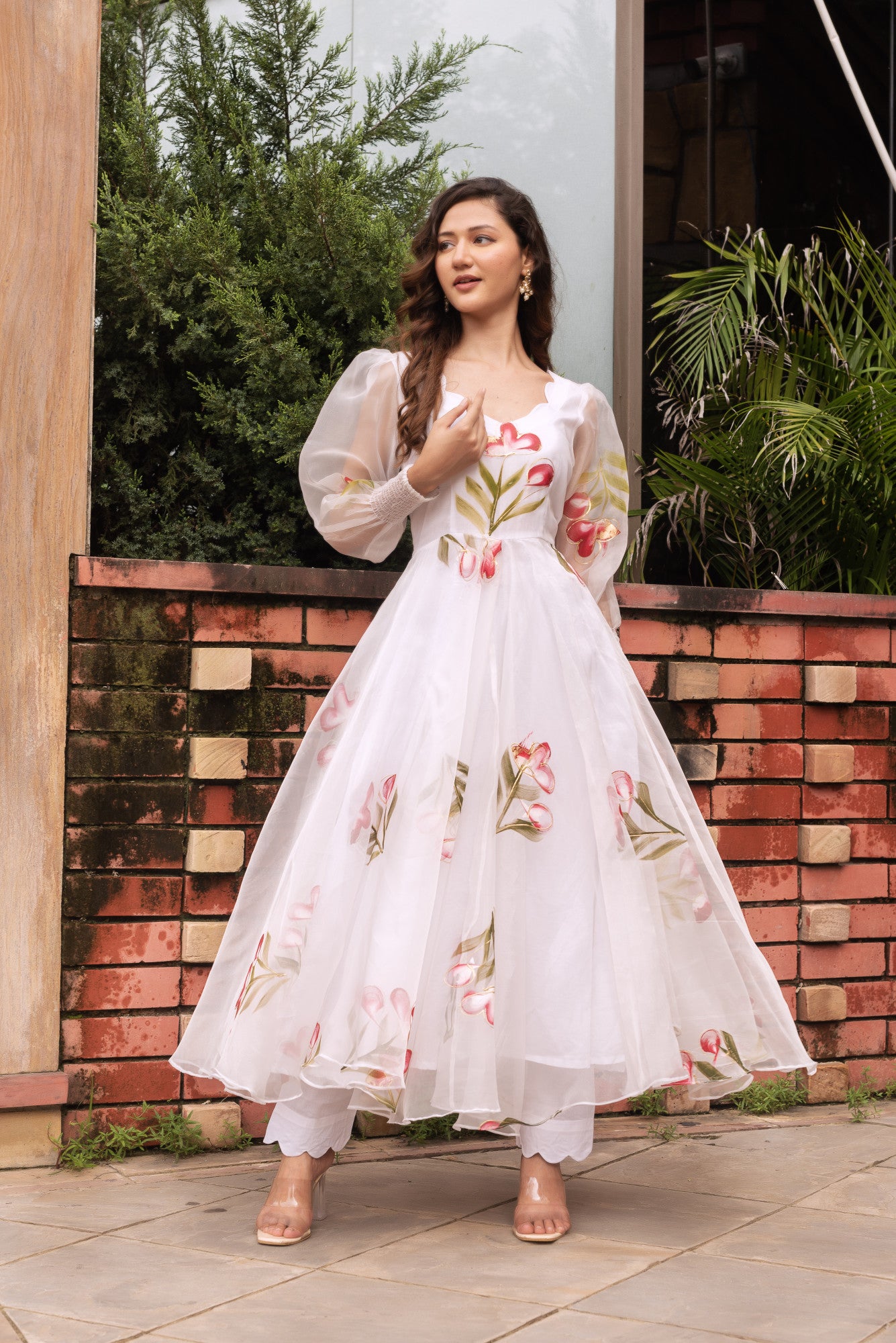 White Organza Handpainted Anarkali Suit Set