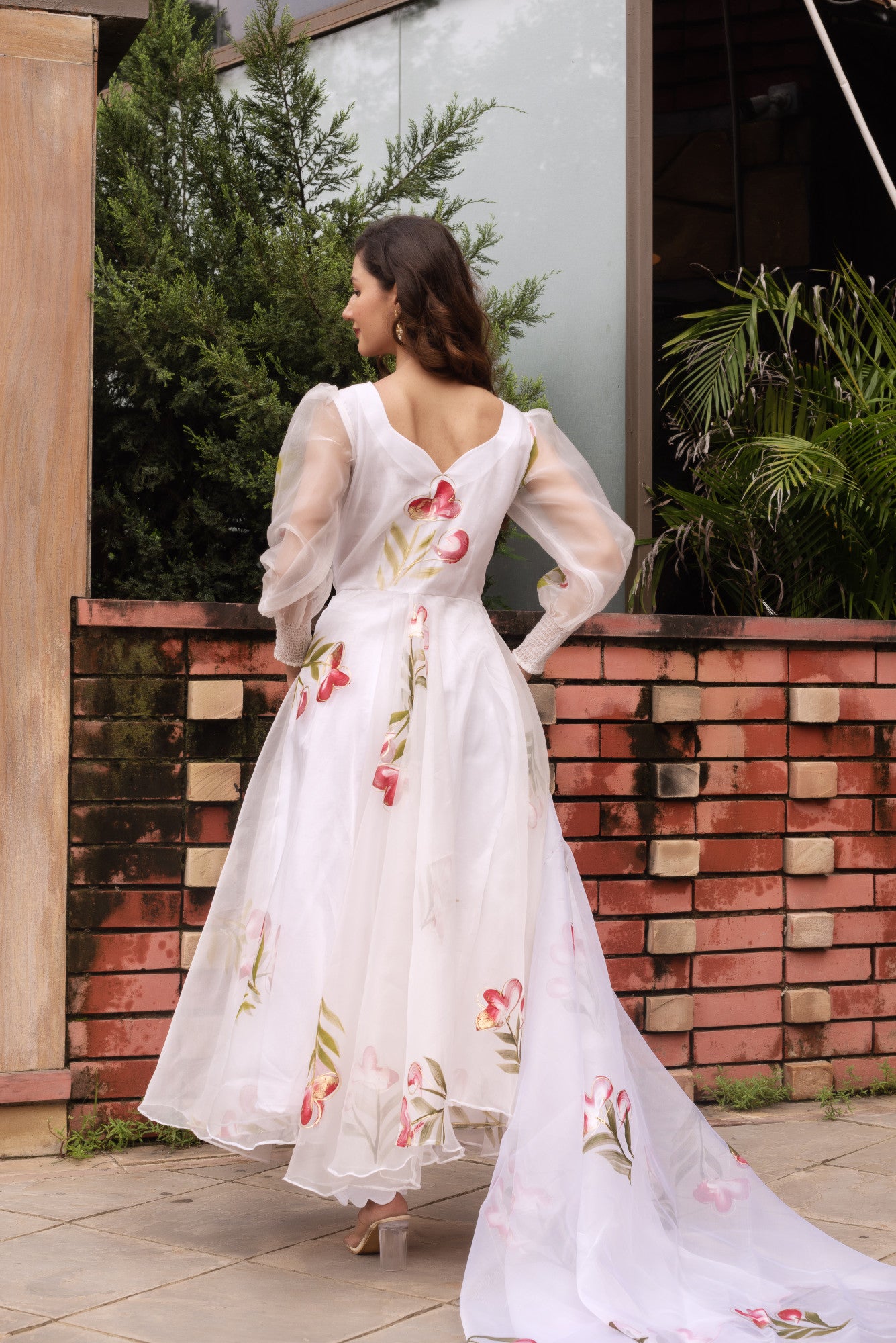 White Organza Handpainted Anarkali Suit Set