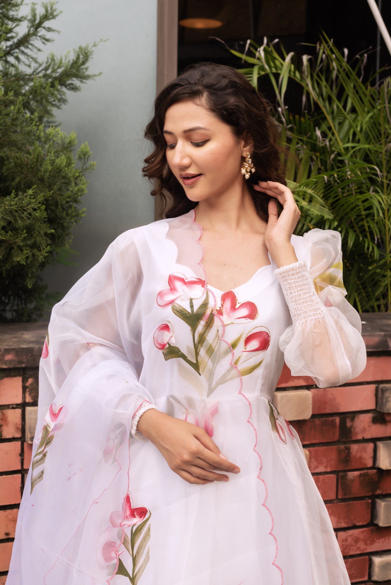 White Organza Handpainted Anarkali Suit Set