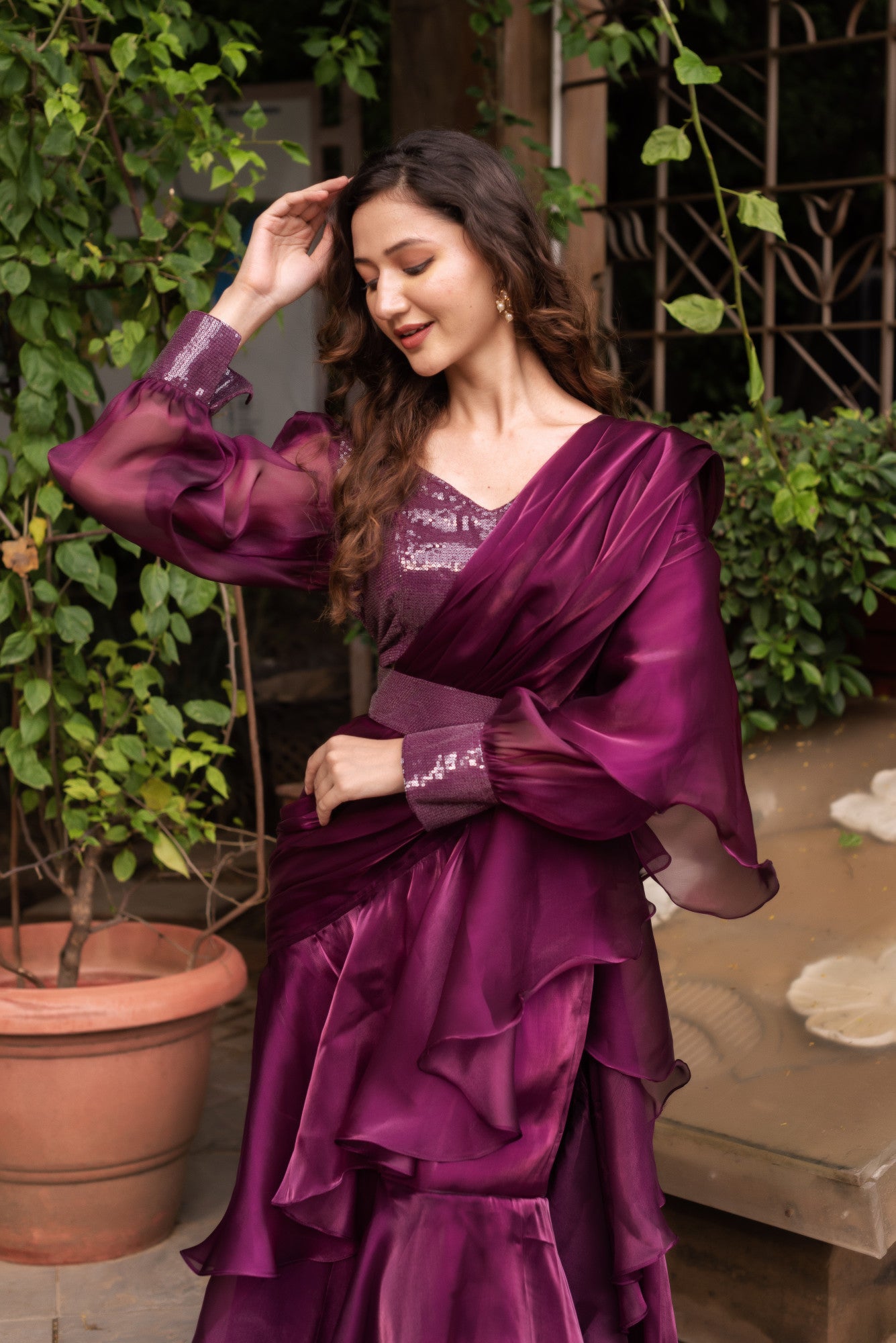 Wine Organza Sequin Ready To Drape Saree