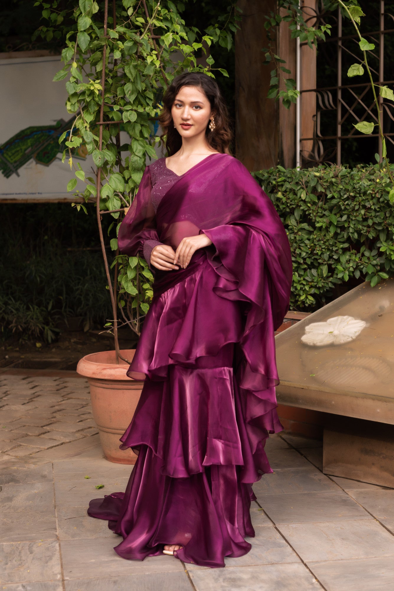 Wine Organza Sequin Ready To Drape Saree