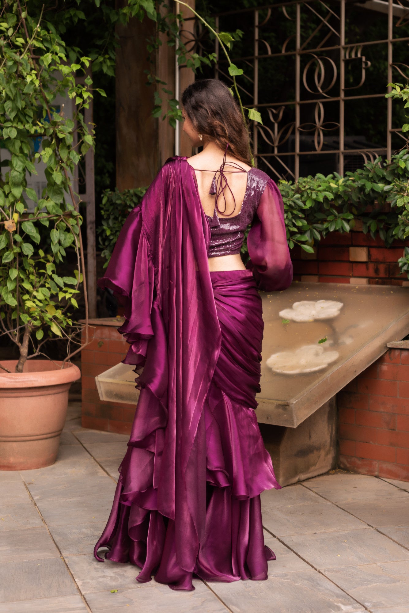 Wine Organza Sequin Ready To Drape Saree