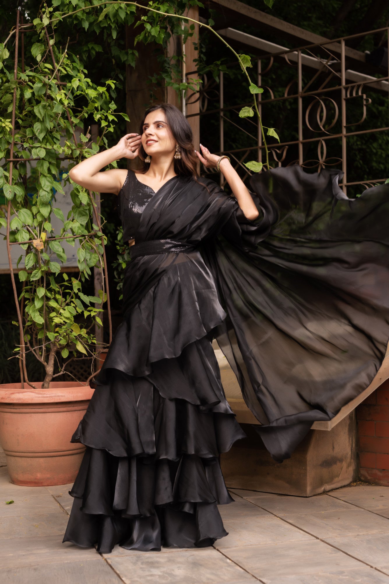 Black Organza Sequin Ready To Drape Saree