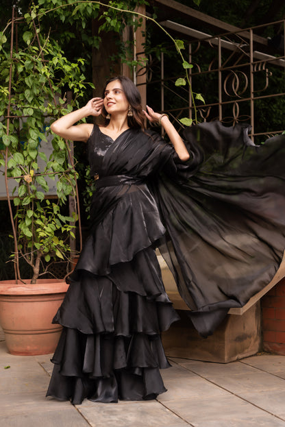 Black Organza Sequin Ready To Drape Saree