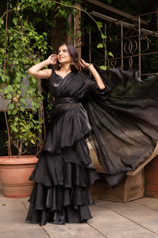 Black Organza Sequin Ready To Drape Saree