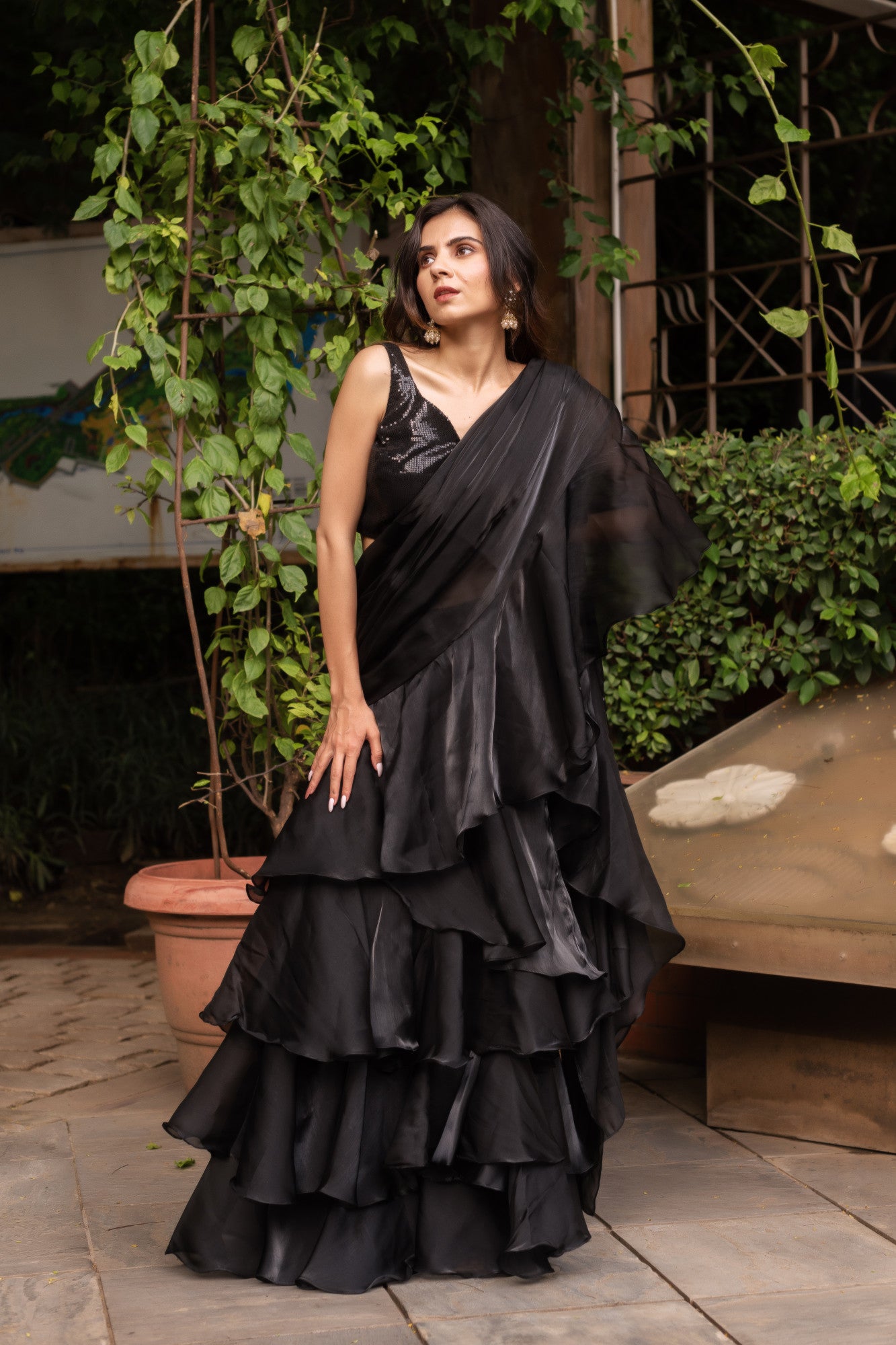 Black Organza Sequin Ready To Drape Saree