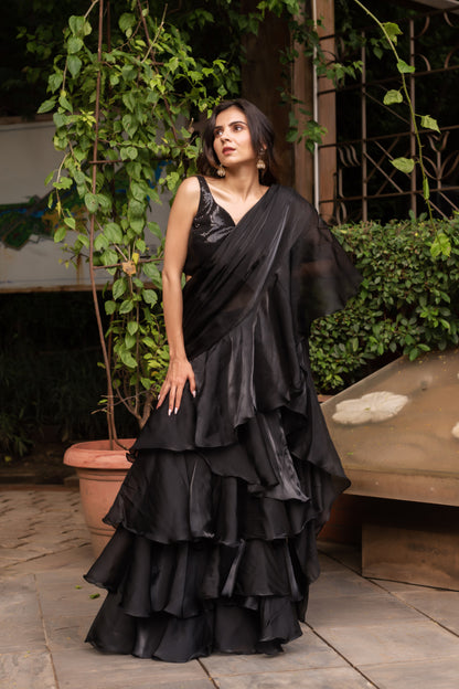 Black Organza Sequin Ready To Drape Saree