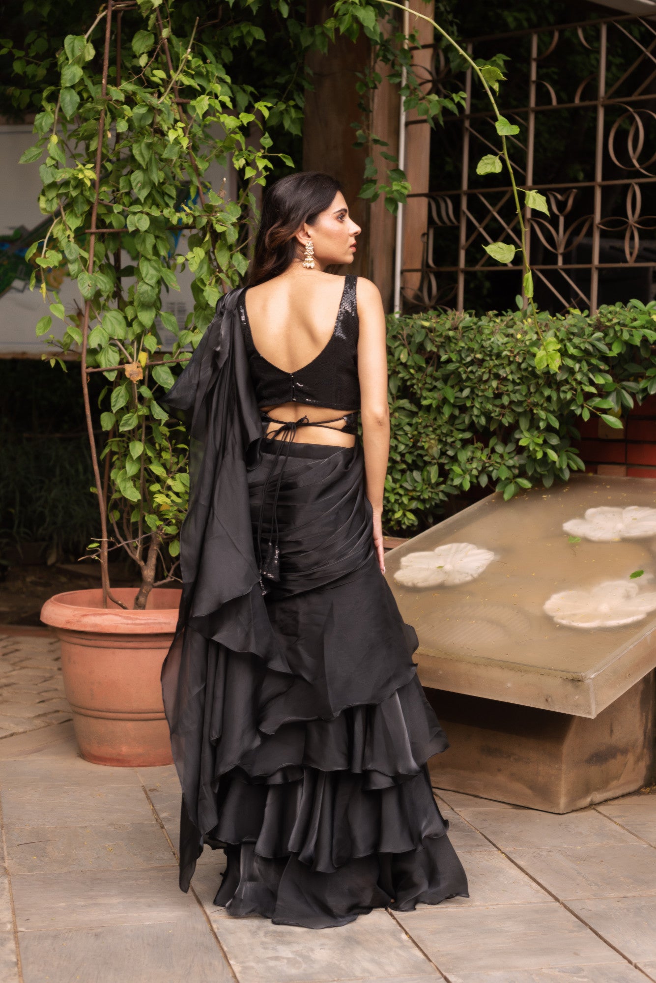 Black Organza Sequin Ready To Drape Saree