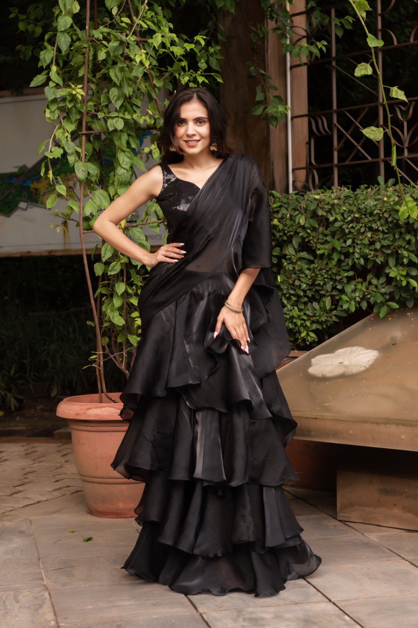 Black Organza Sequin Ready To Drape Saree