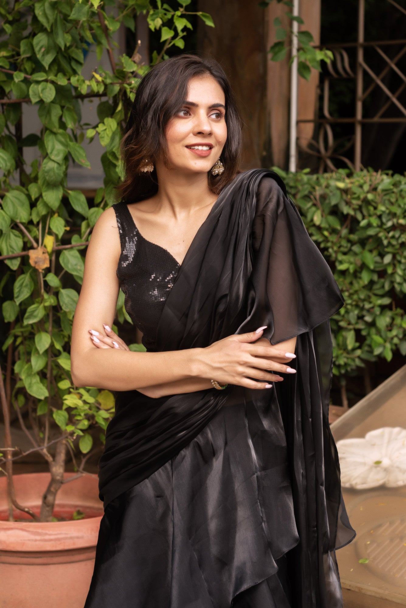 Black Organza Sequin Ready To Drape Saree