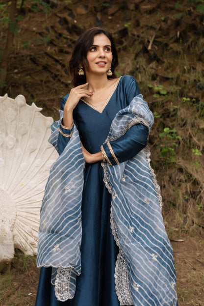 Dark Blue Dupain Silk Anarkali Suit Set with Lehriya Embroided Dupatta