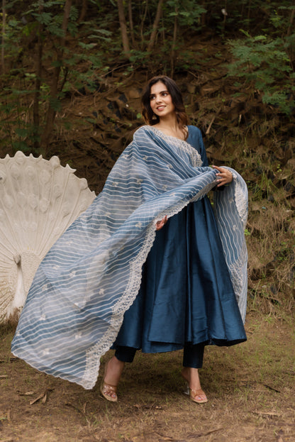 Dark Blue Dupain Silk Anarkali Suit Set with Lehriya Embroided Dupatta