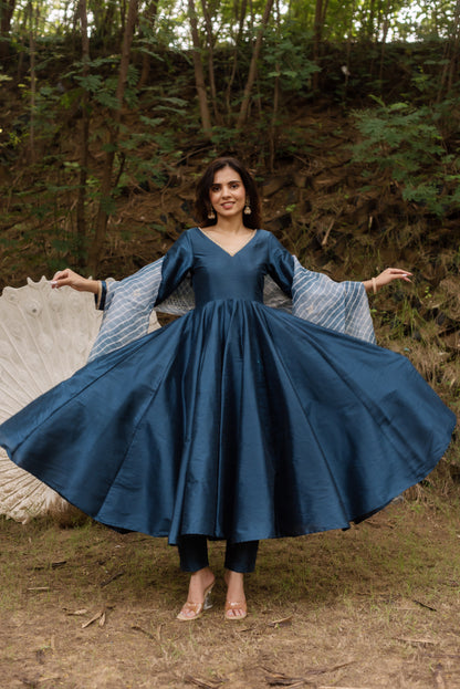 Dark Blue Dupain Silk Anarkali Suit Set with Lehriya Embroided Dupatta