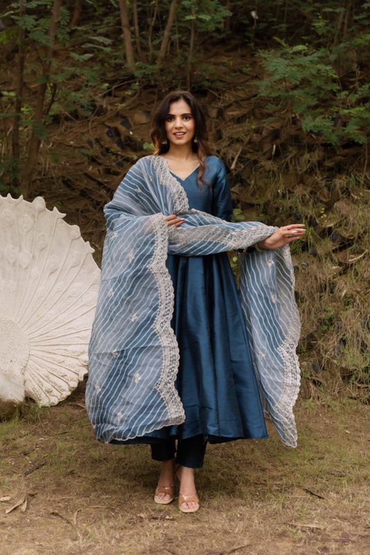 Dark Blue Dupain Silk Anarkali Suit Set with Lehriya Embroided Dupatta