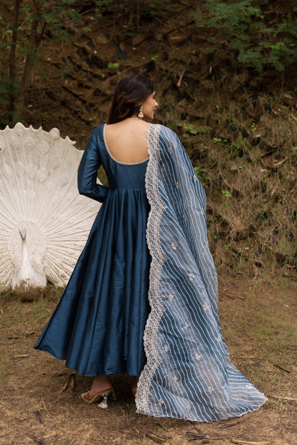 Dark Blue Dupain Silk Anarkali Suit Set with Lehriya Embroided Dupatta