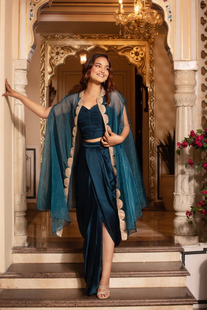 Blue Satin Pre Draped Skirt Shrug Set