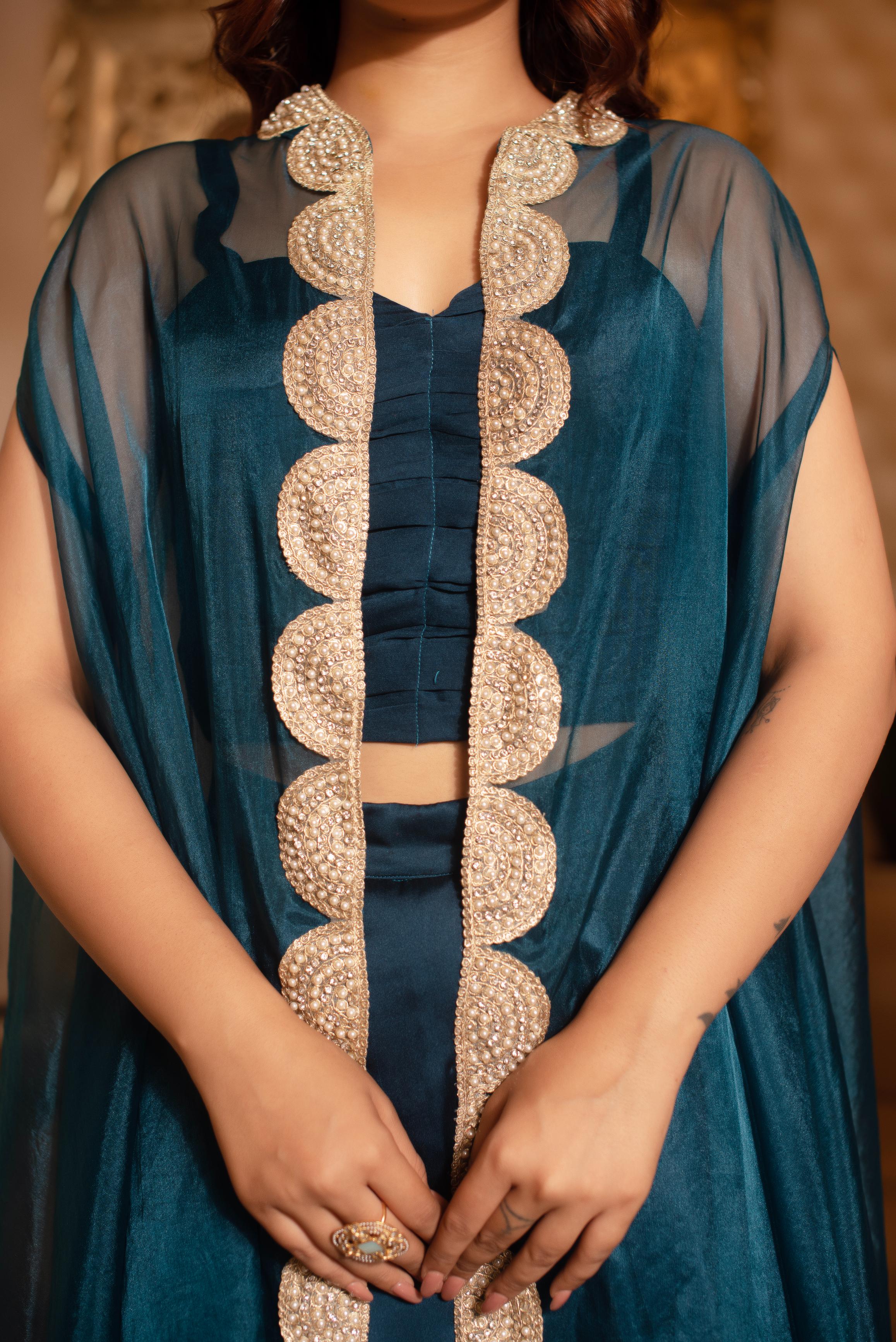 Blue Satin Pre Draped Skirt Shrug Set