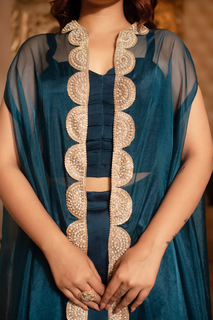 Blue Satin Pre Draped Skirt Shrug Set