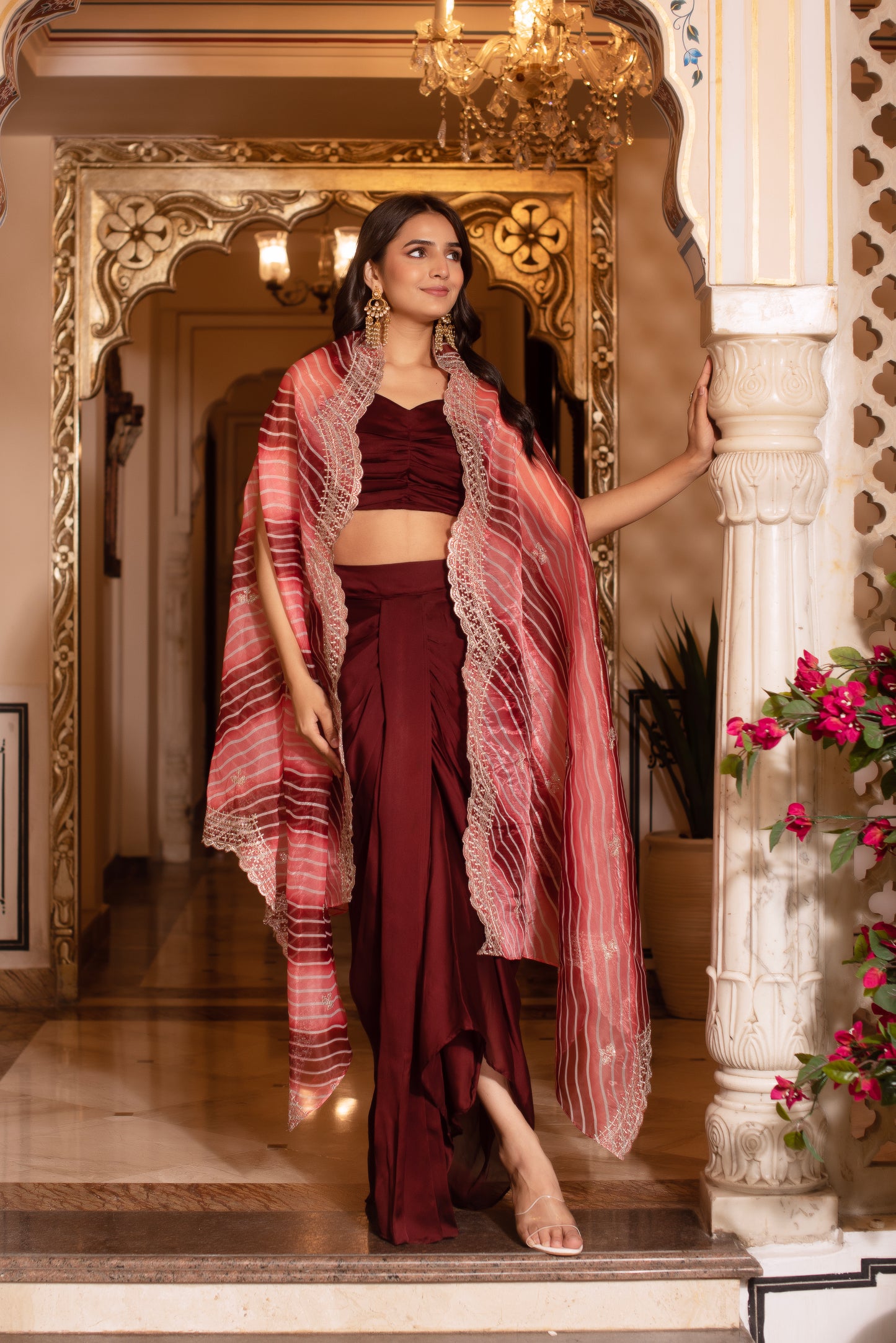 Brown Satin Pre Draped Skirt Shrug Set