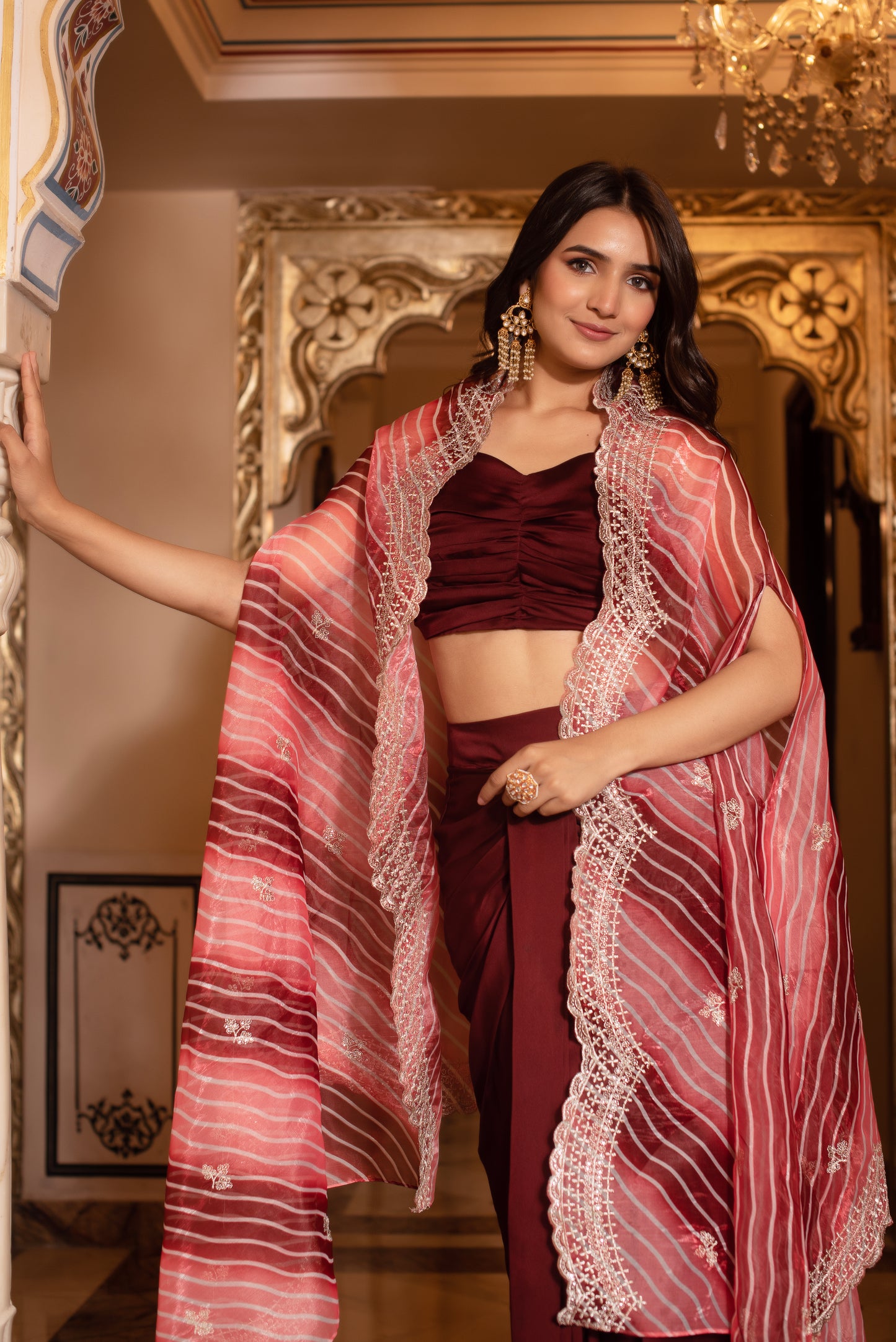Brown Satin Pre Draped Skirt Shrug Set
