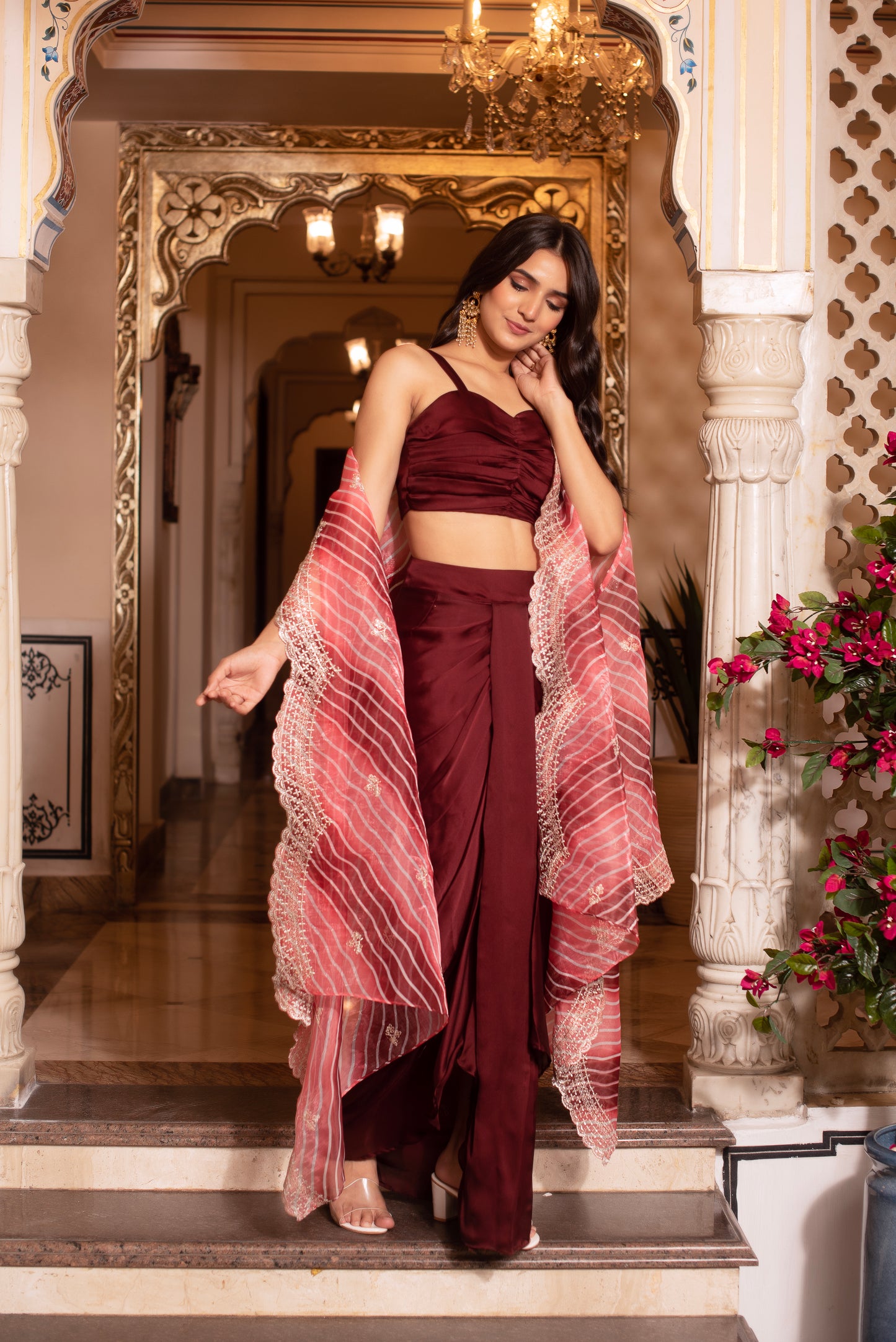 Brown Satin Pre Draped Skirt Shrug Set
