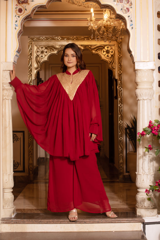 Maroon Georgette Sequined Coord Set