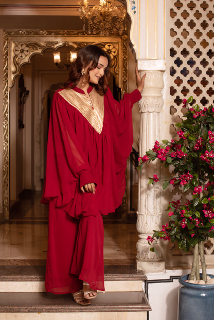 Maroon Georgette Sequined Coord Set
