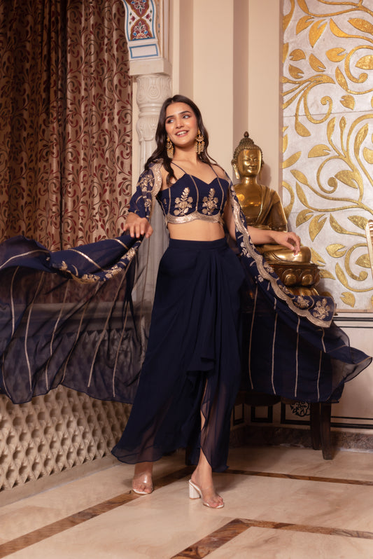 Navy Blue Georgette Embroidered Skirt set