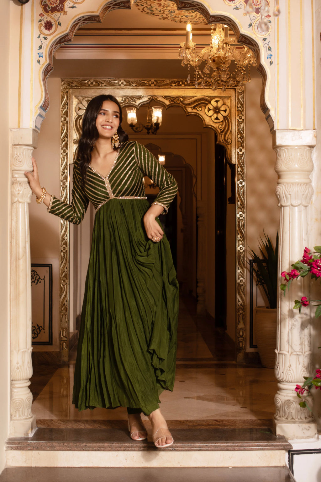 Mehendi Green Sequined Chinon Anarkali Suit Set - LabelTrpika | Premium Womens Wear