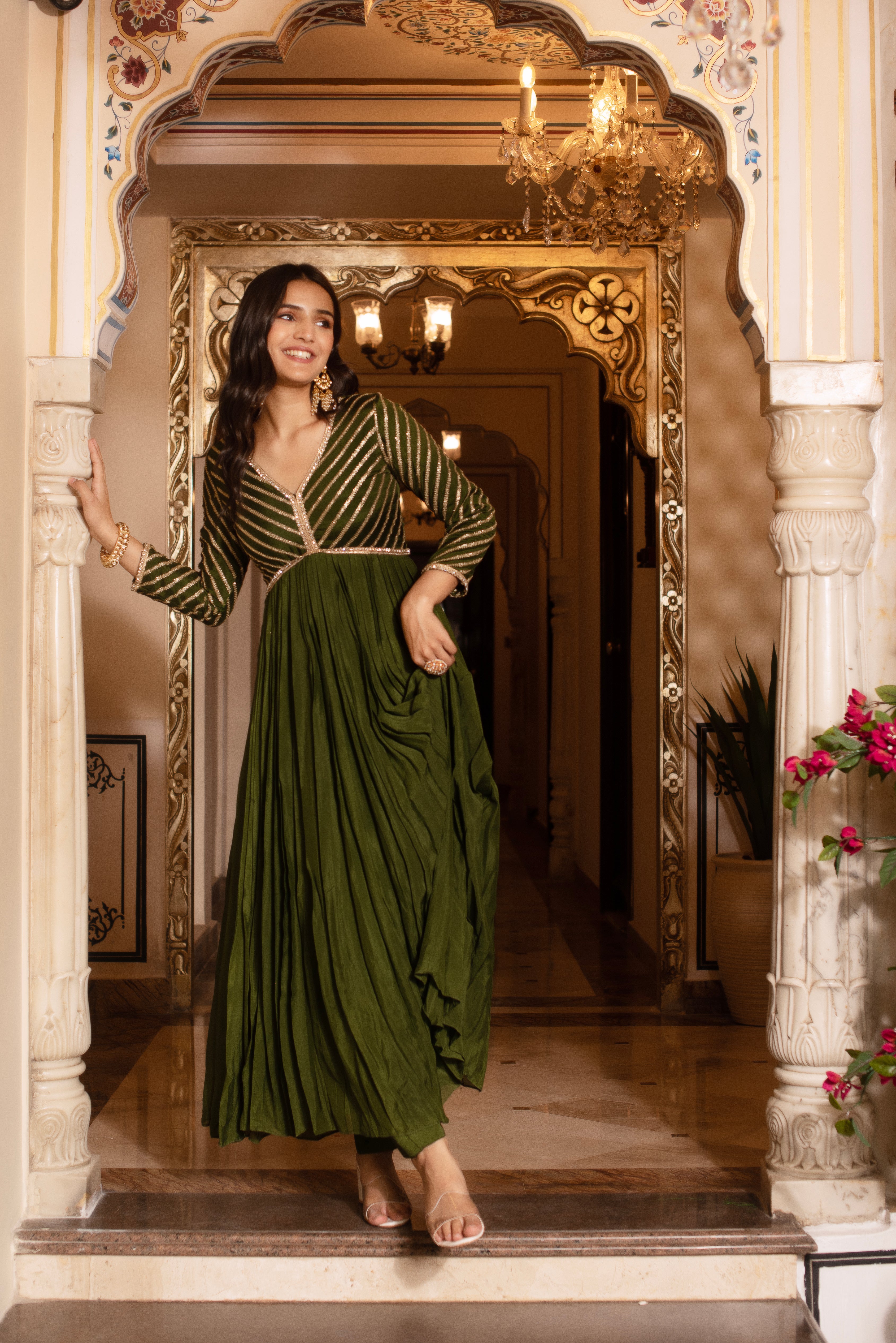Mehendi Green Sequined Chinon Anarkali Suit Set