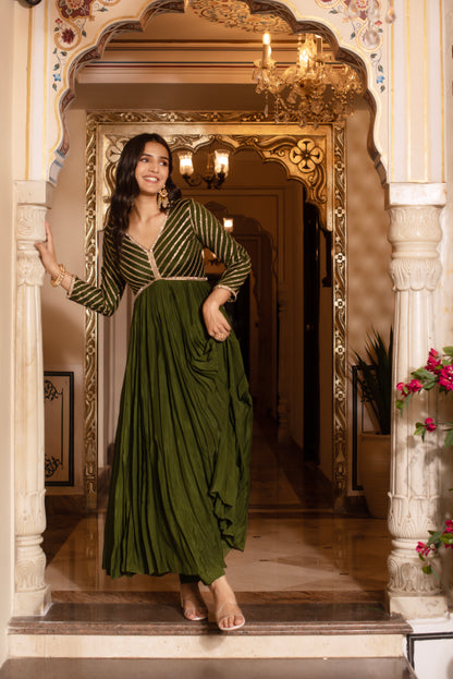 Mehendi Green Sequined Chinon Anarkali Suit Set