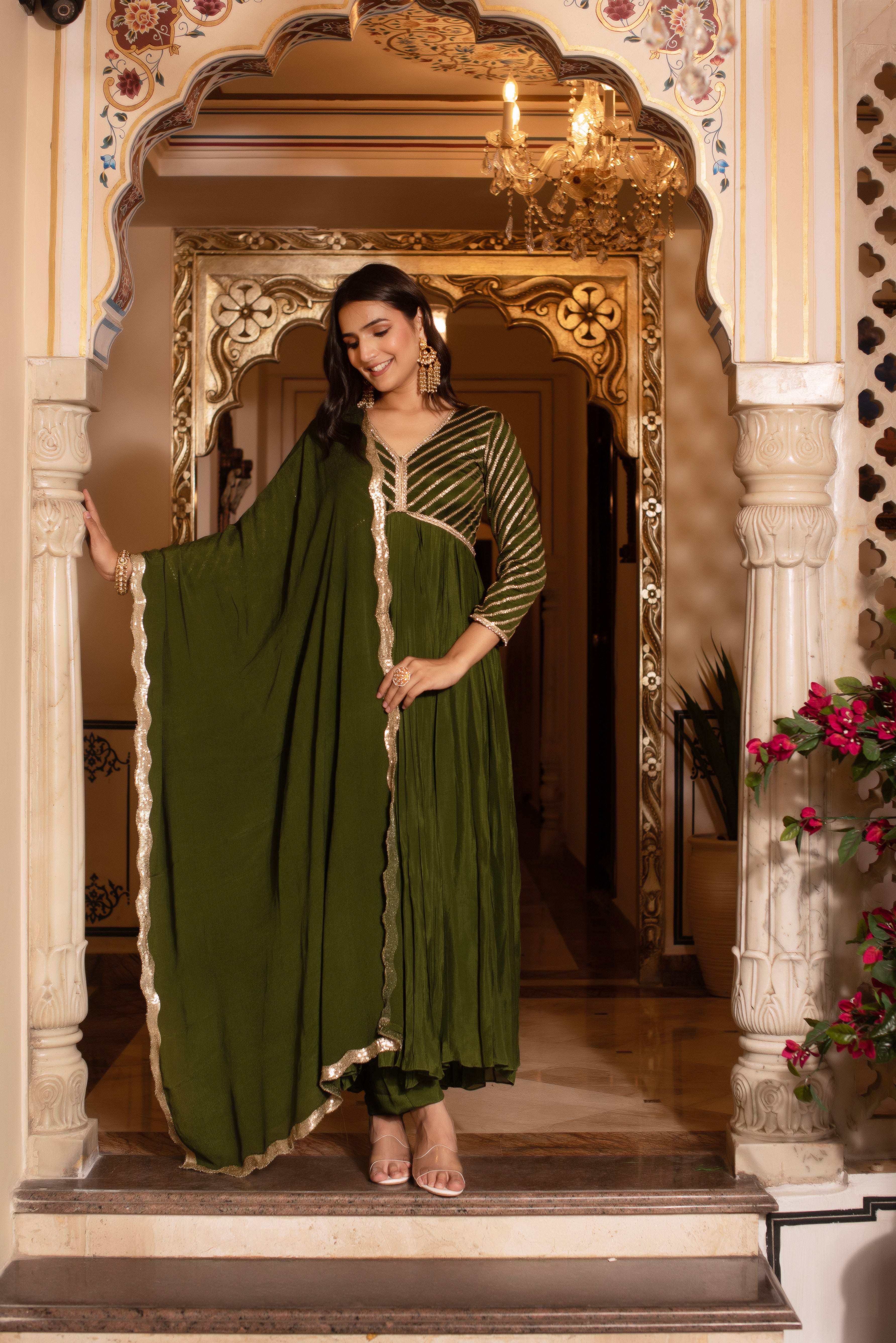 Mehendi Green Sequined Chinon Anarkali Suit Set