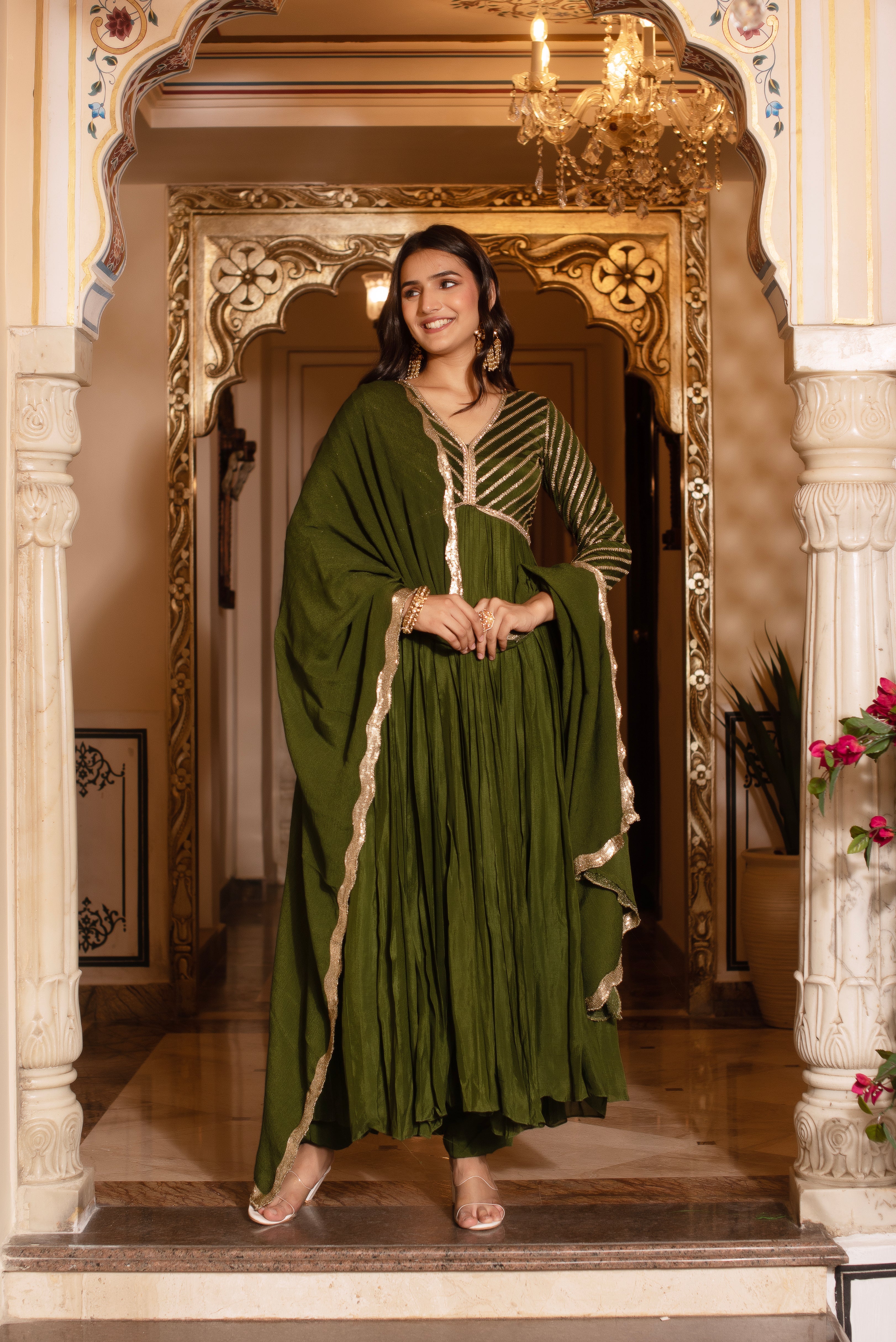 Mehendi Green Sequined Chinon Anarkali Suit Set