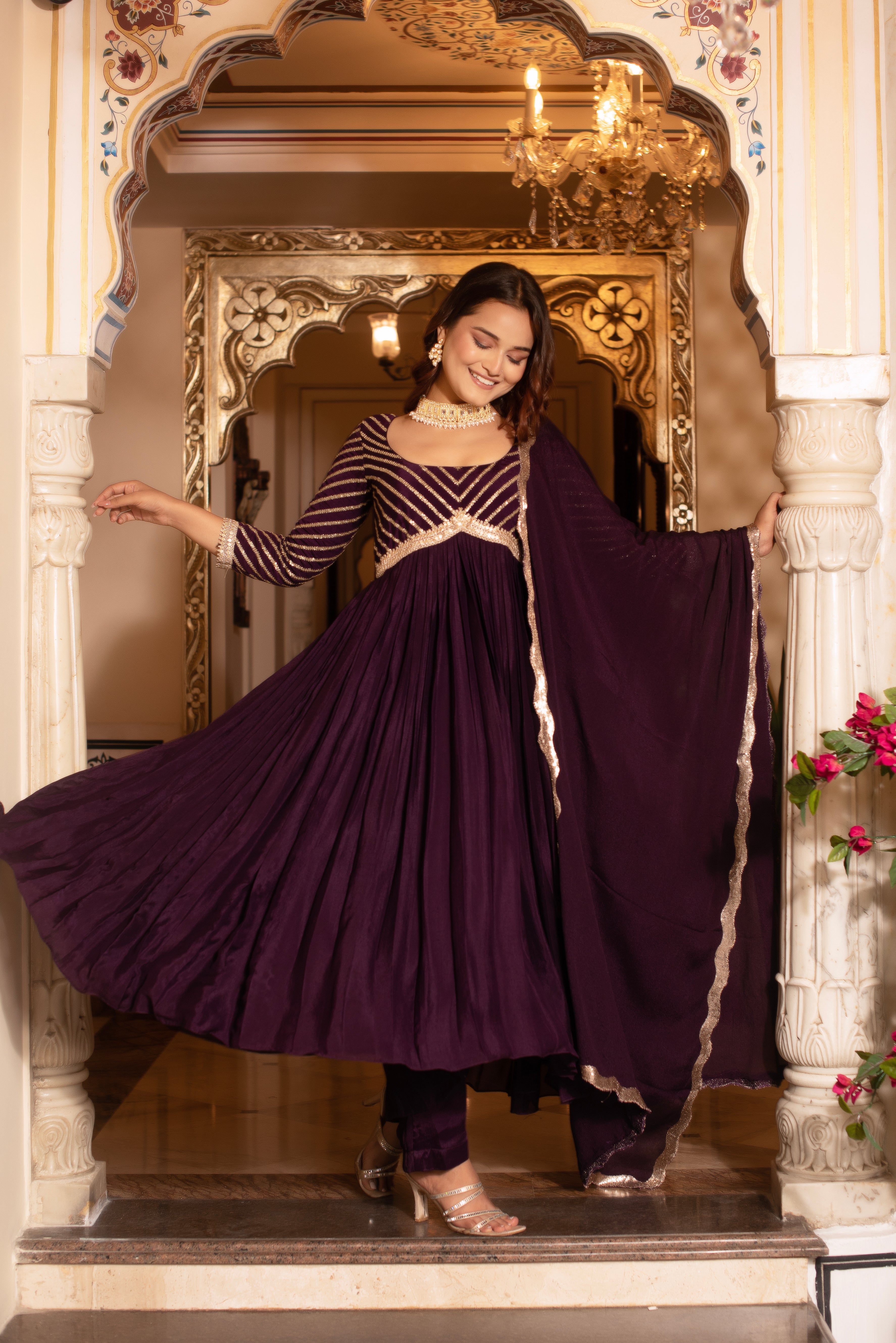 Purple Sequined Chinon Anarkali Suit Set