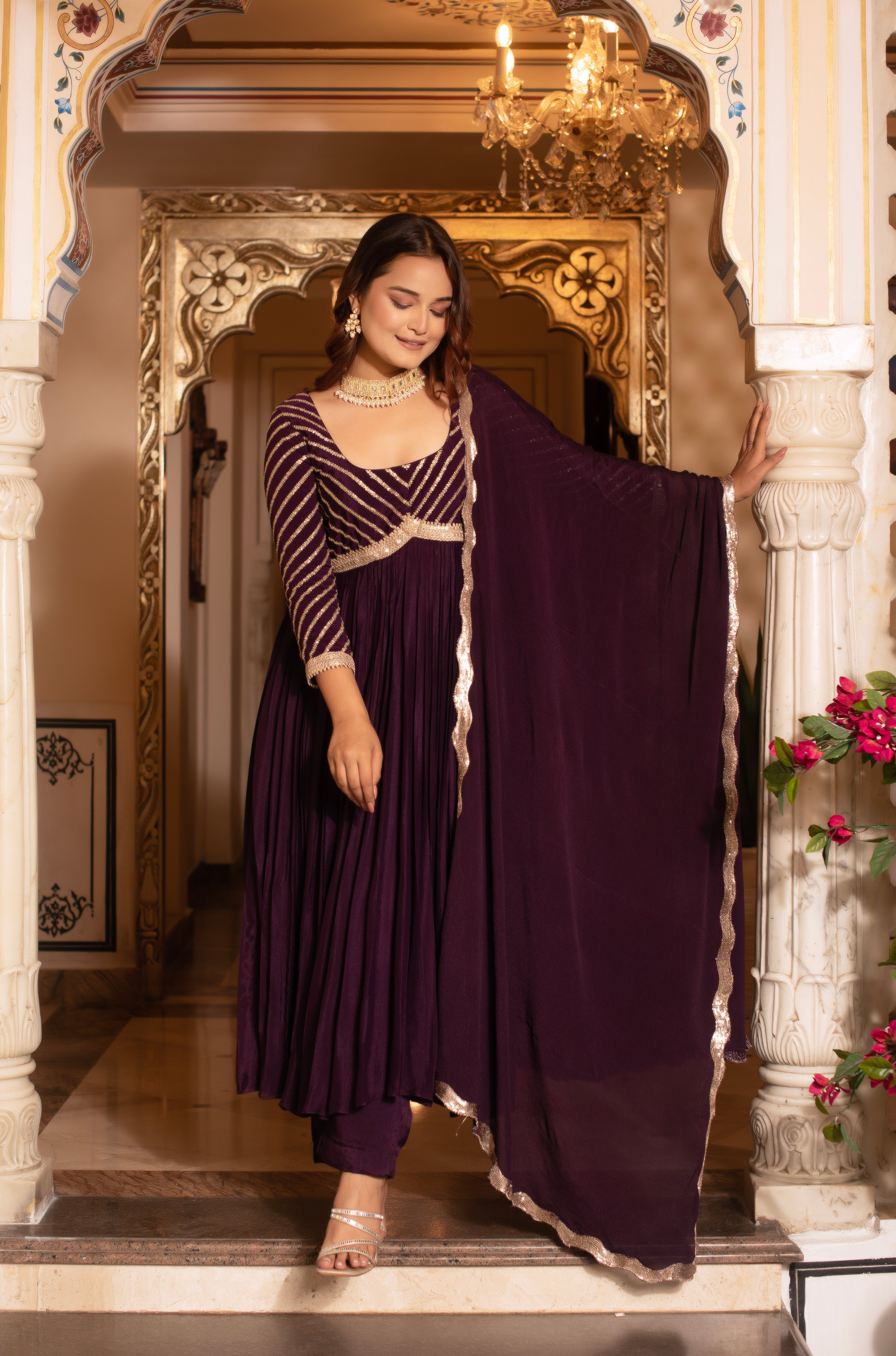 Purple Sequined Chinon Anarkali Suit Set