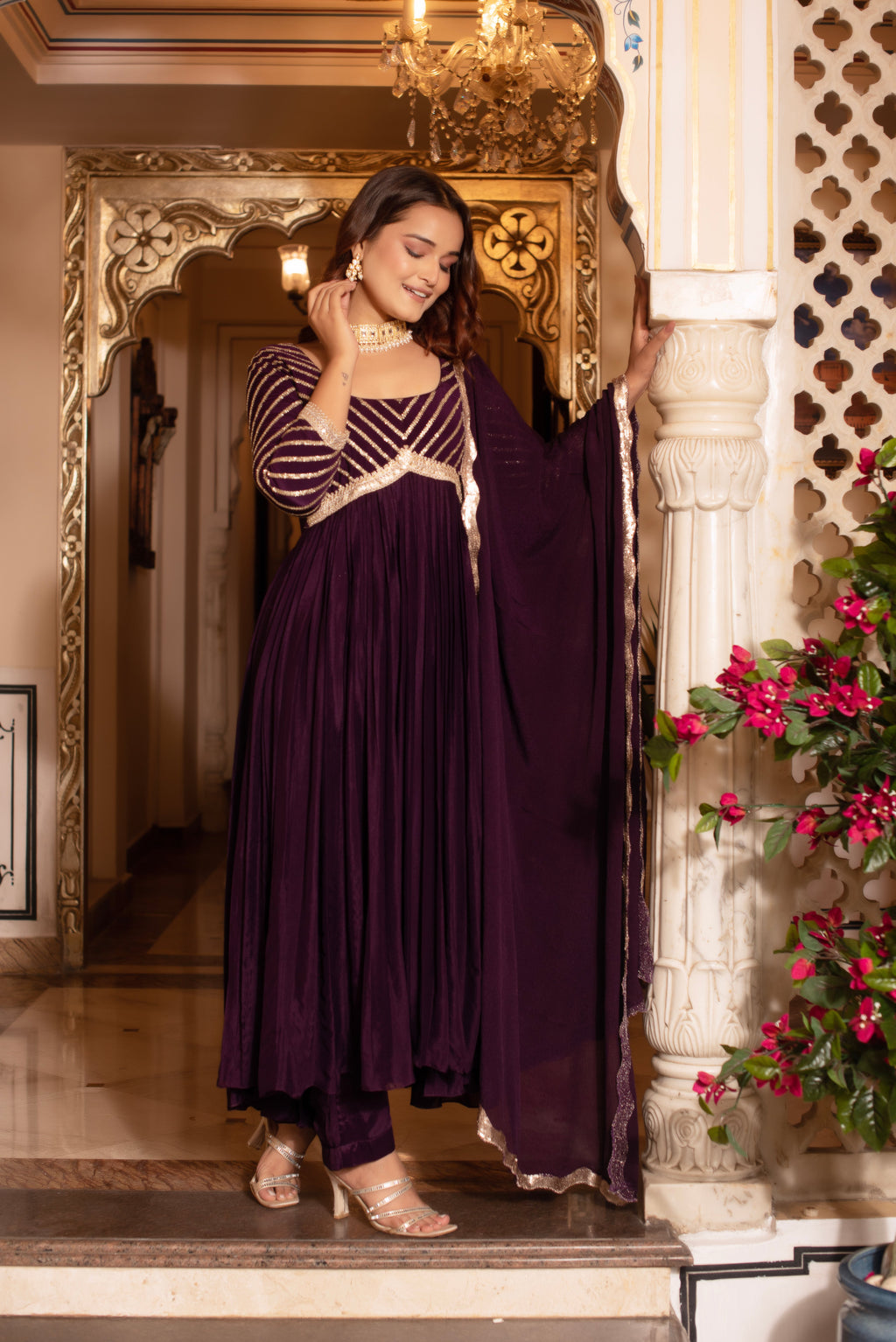 Purple Sequined Chinon Anarkali Suit Set