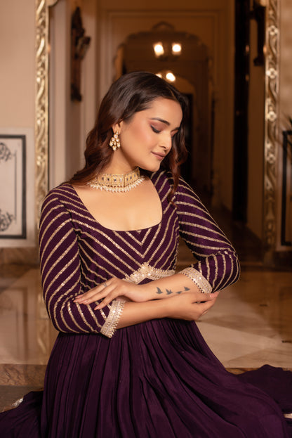 Purple Sequined Chinon Anarkali Suit Set