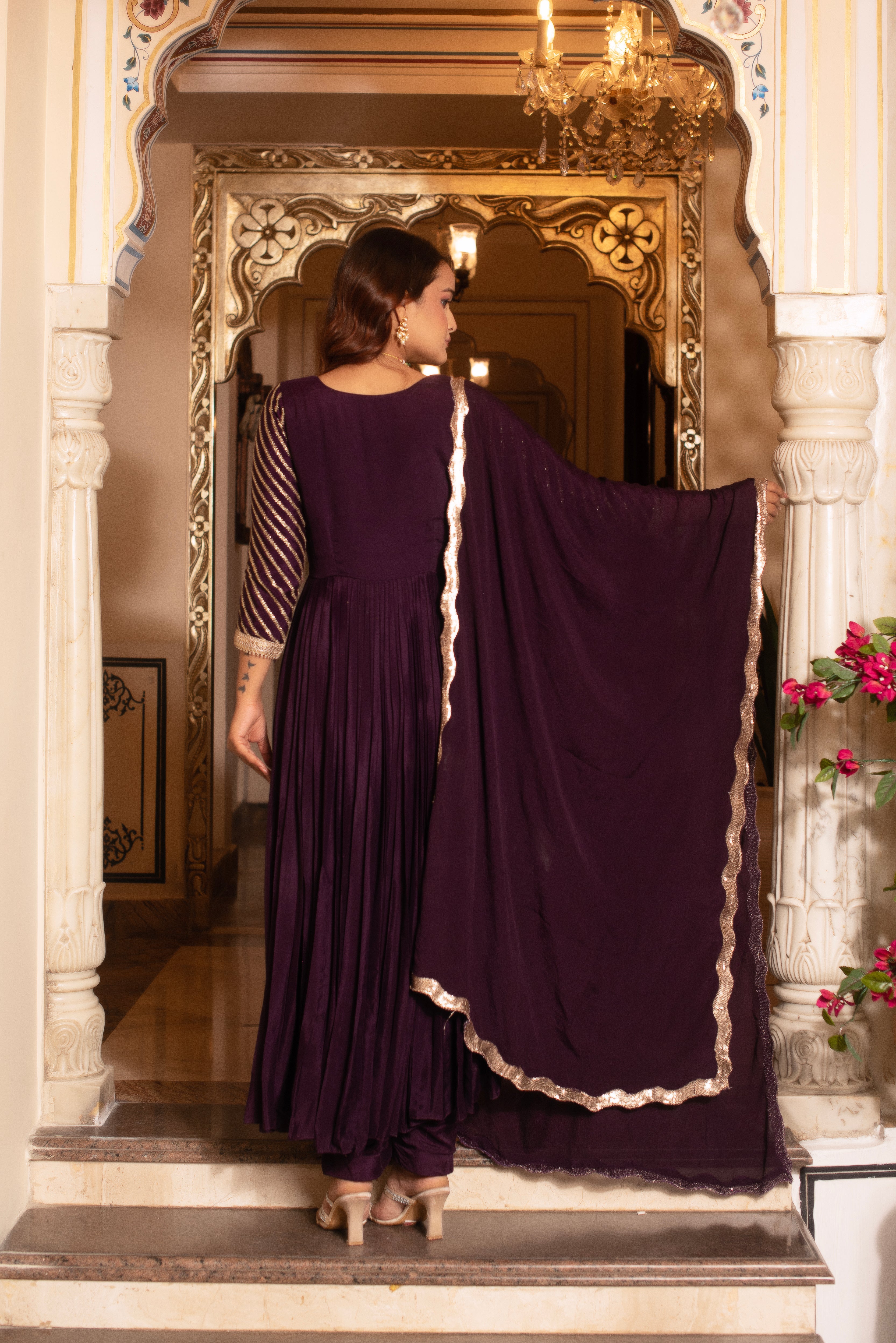 Purple Sequined Chinon Anarkali Suit Set