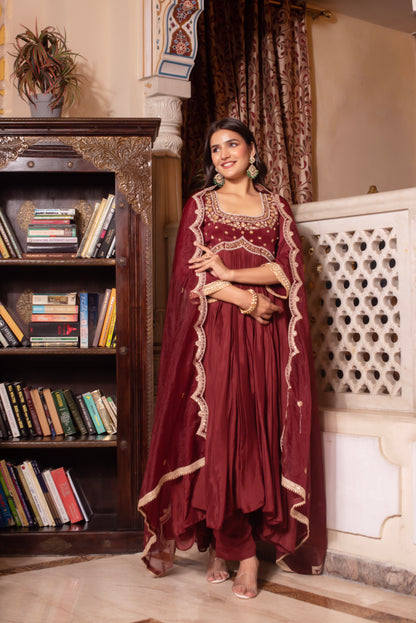 Brown Chinon Handwork Anarkali Suit Set