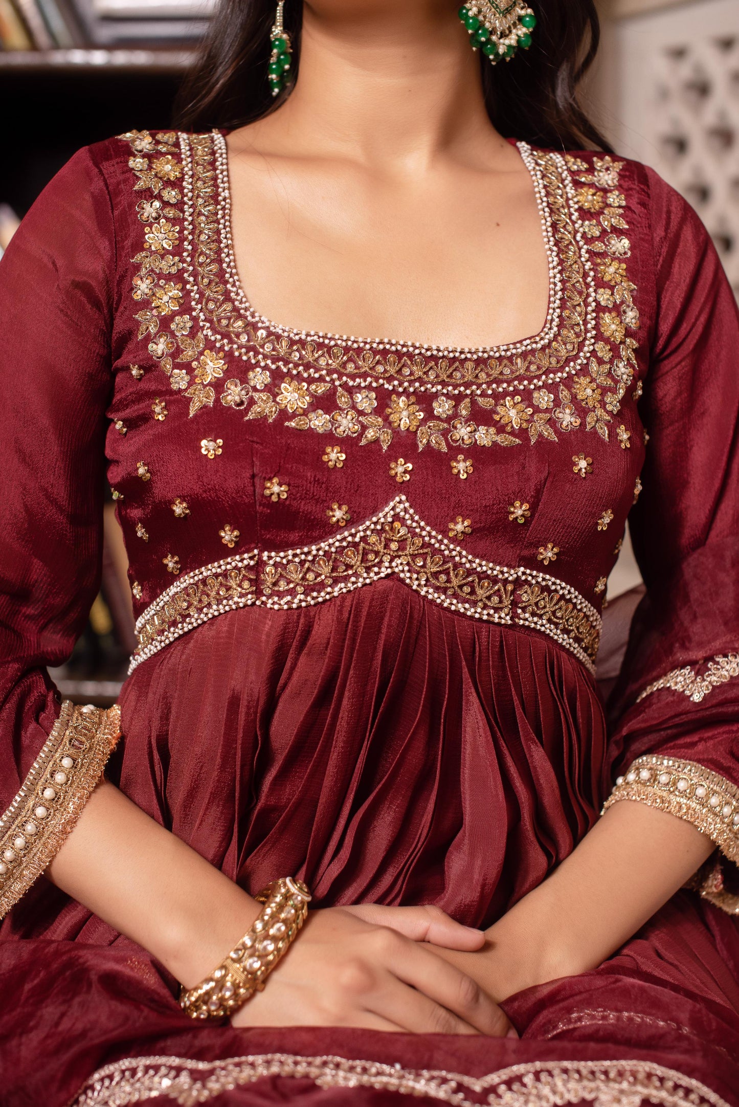 Brown Chinon Handwork Anarkali Suit Set