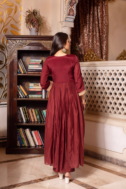Brown Chinon Handwork Anarkali Suit Set